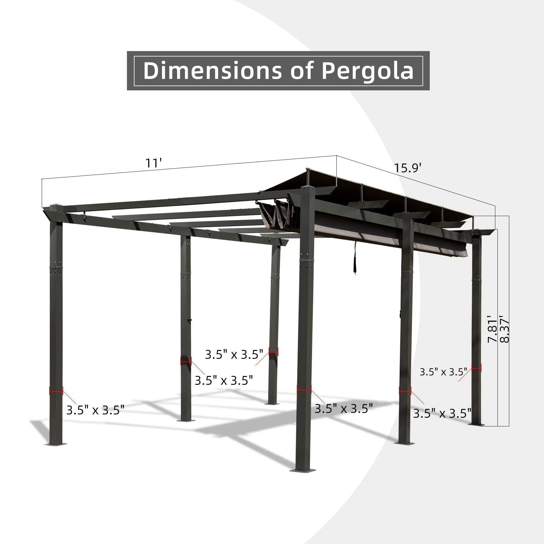 11 X 16 FT Outdoor Living Outdoor Retractable Pergola with Weather-Resistant Canopy Aluminum, Dark Gray