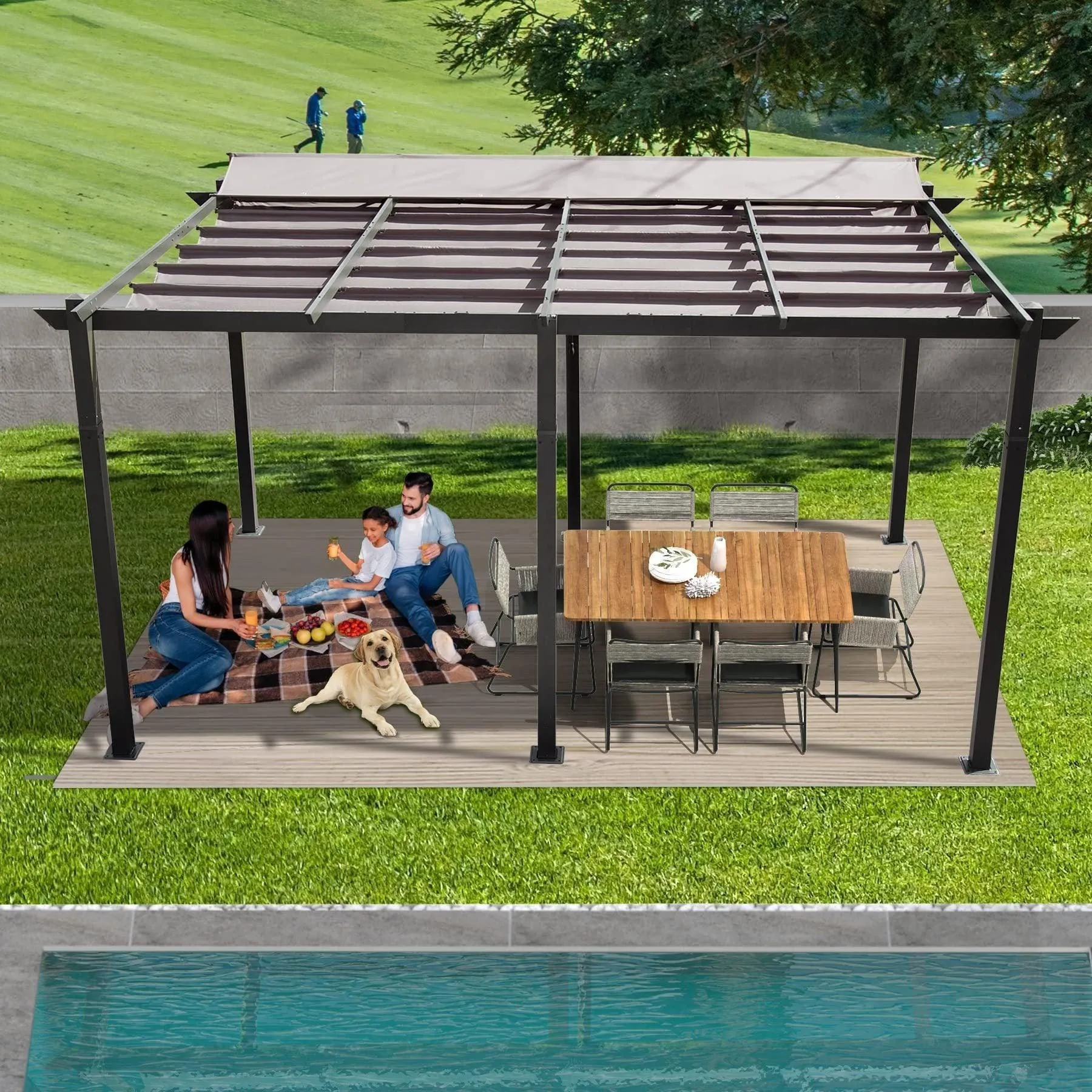 11 X 16 FT Outdoor Living Outdoor Retractable Pergola with Weather-Resistant Canopy Aluminum, Dark Gray