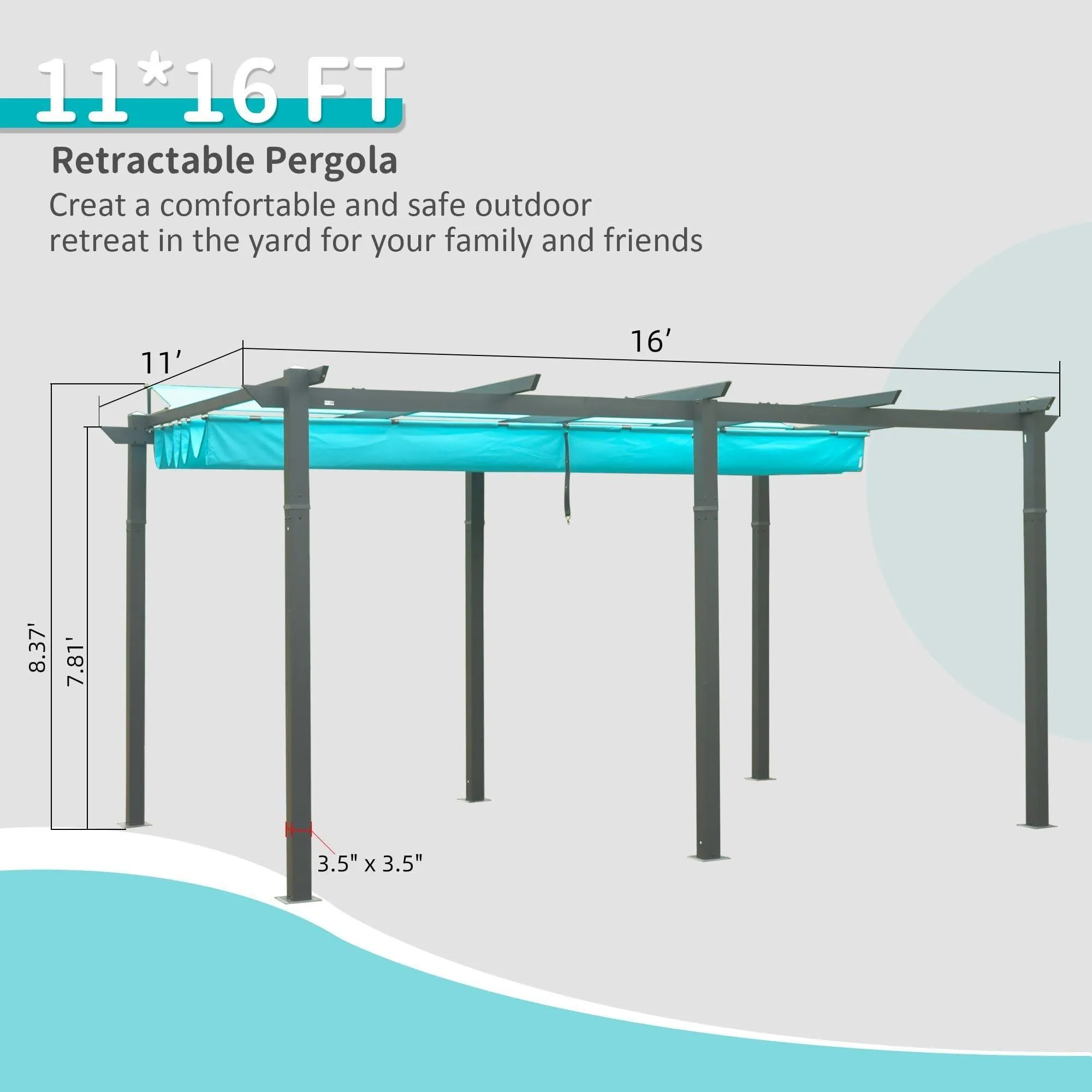 11 X 16 FT Outdoor Living Outdoor Retractable Pergola with Weather-Resistant Canopy Aluminum, Lake Blue