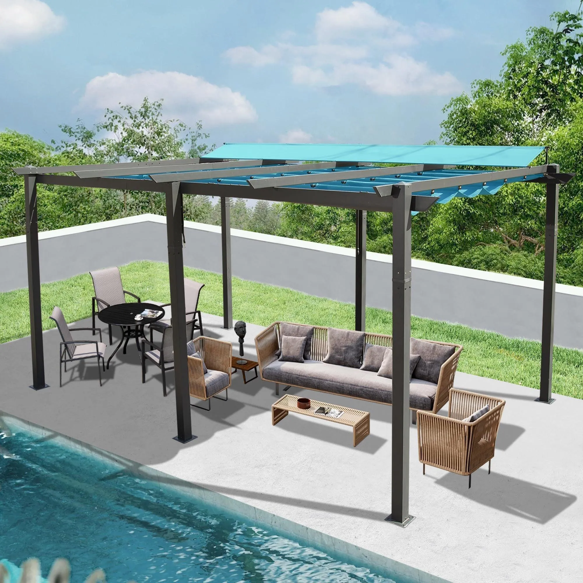 11 X 16 FT Outdoor Living Outdoor Retractable Pergola with Weather-Resistant Canopy Aluminum, Lake Blue