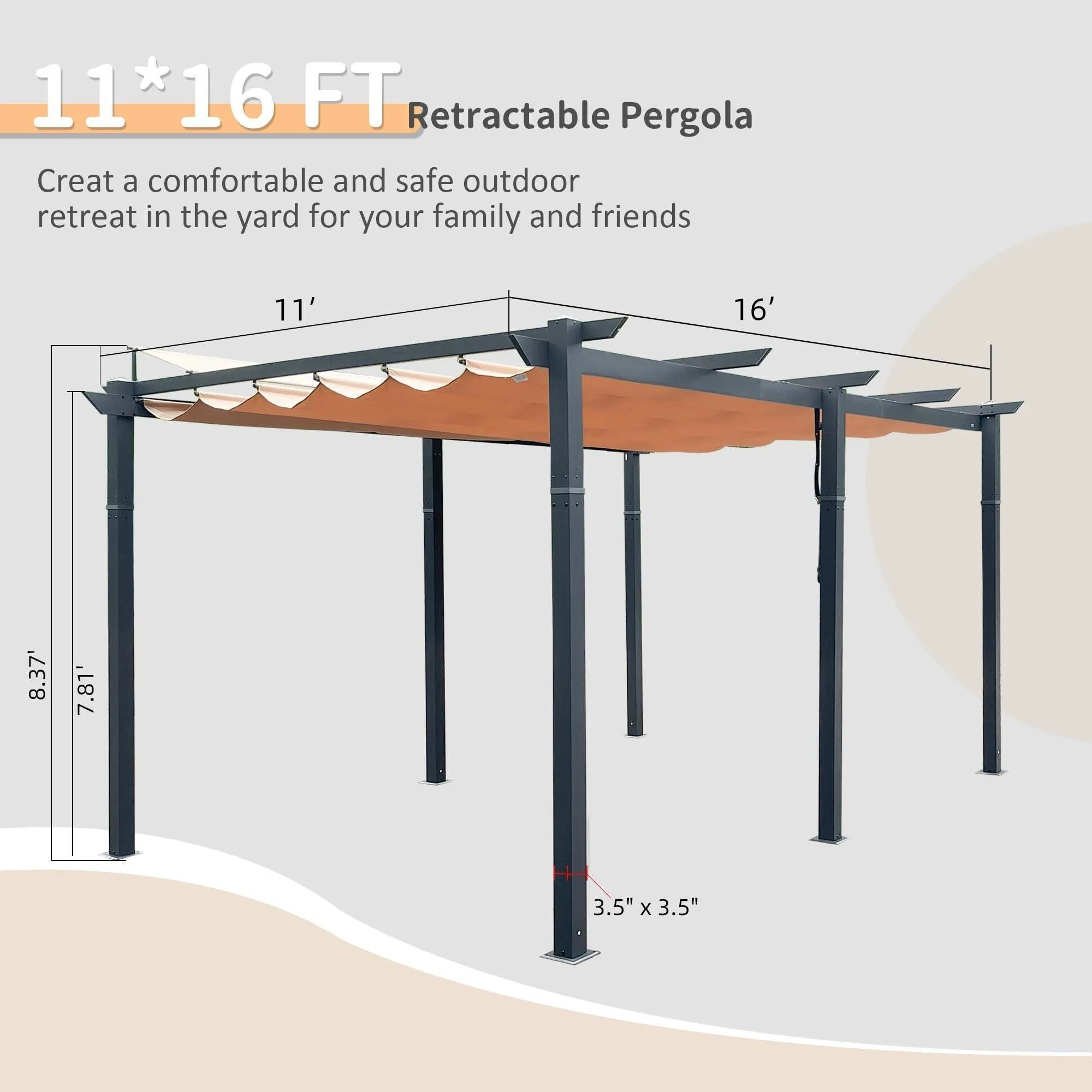 11 X 16 FT Outdoor Retractable Pergola with Weather-Resistant Canopy Aluminum, Khaki