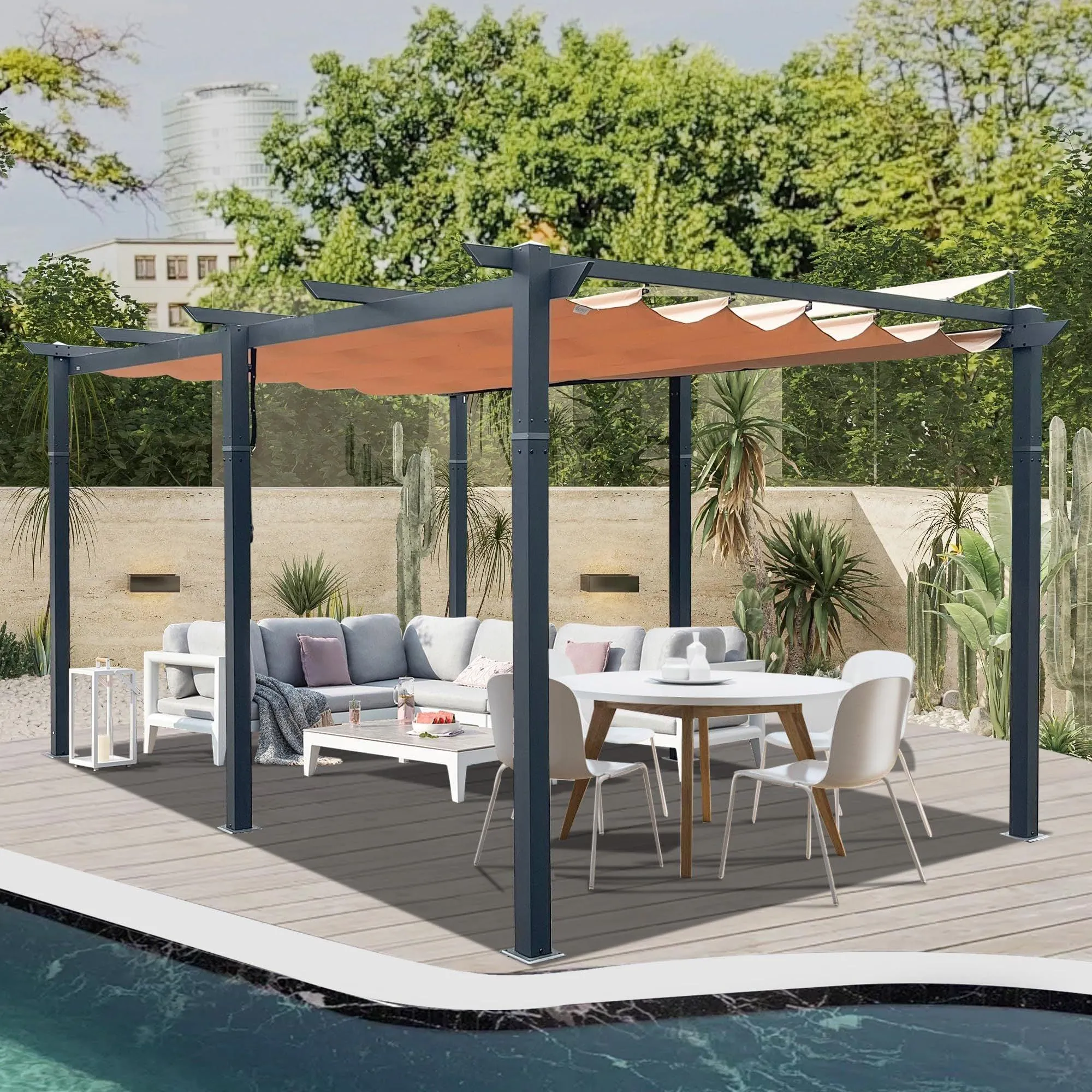 11 X 16 FT Outdoor Retractable Pergola with Weather-Resistant Canopy Aluminum, Khaki