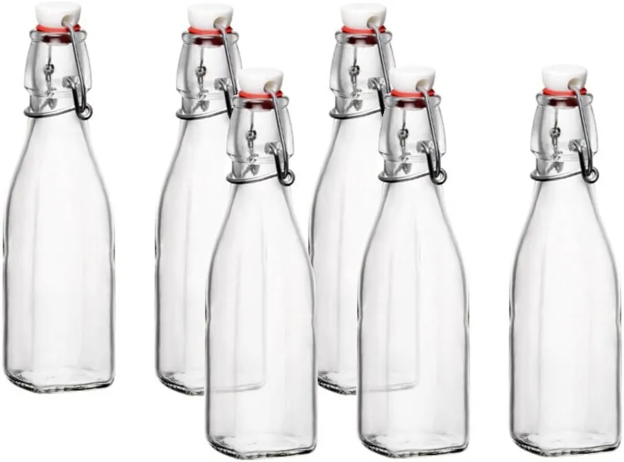 Bormioli Rocco: Square Base Glass Bottles with Swing Top Airtight Hermetic Lid (8.5 Oz, Set of 6)