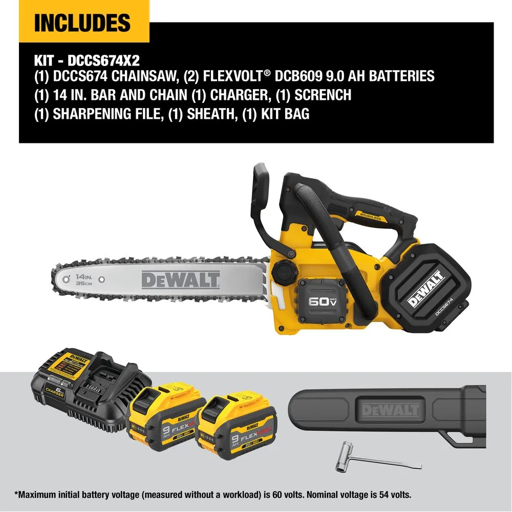 DeWALT DCCS674X2 60V MAX 14" Cordless Brushless Top Handle Chainsaw Kit