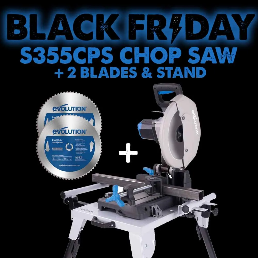 Evolution S355CPS 355mm Metal Cutting Chop Saw  Extra Blade   Chop Saw Stand Bundle