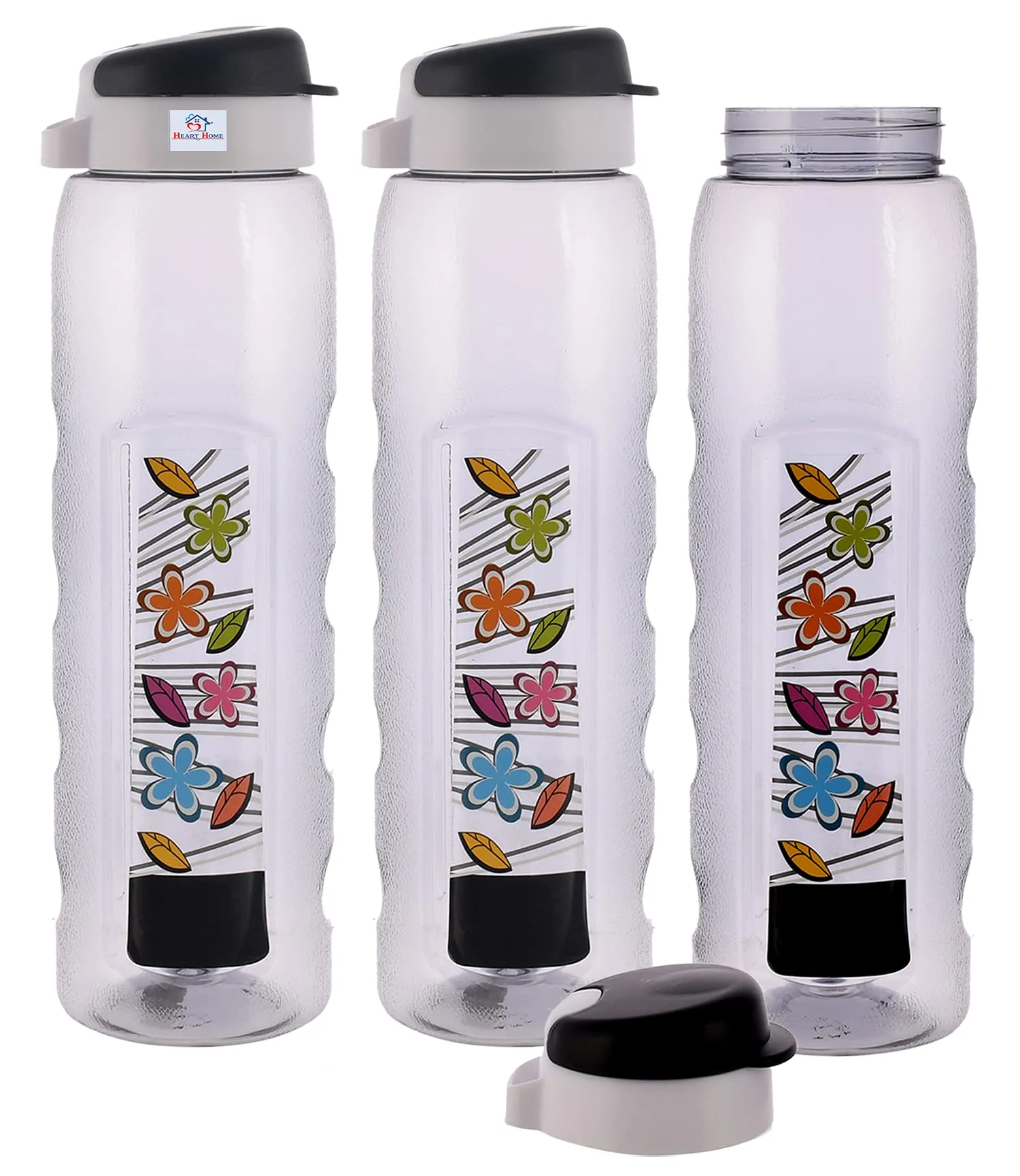 Heart Home Plastic Water Bottle With Sipper- 1 Litre, Pack of 3 (Black)