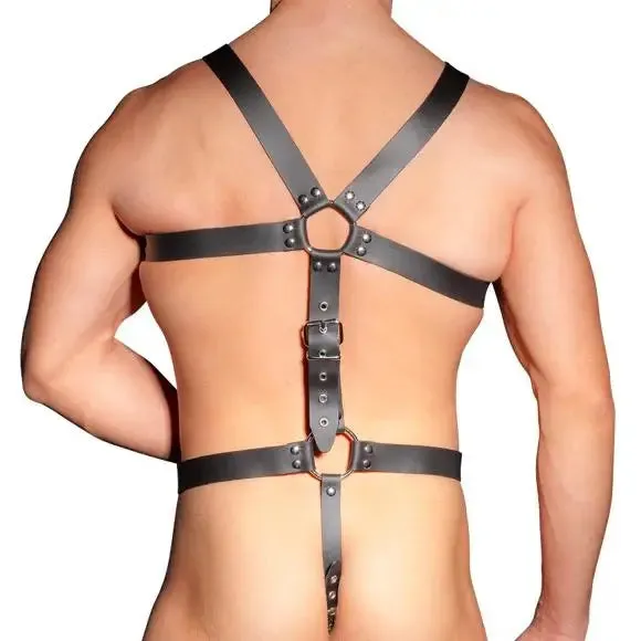 Mens Leather Adjustable Harness with Cock Ring and Buckles