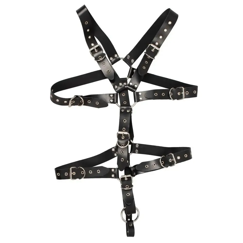 Mens Leather Adjustable Harness with Cock Ring and Buckles