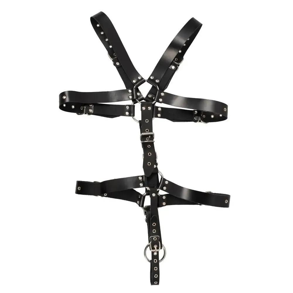 Mens Leather Adjustable Harness with Cock Ring and Buckles