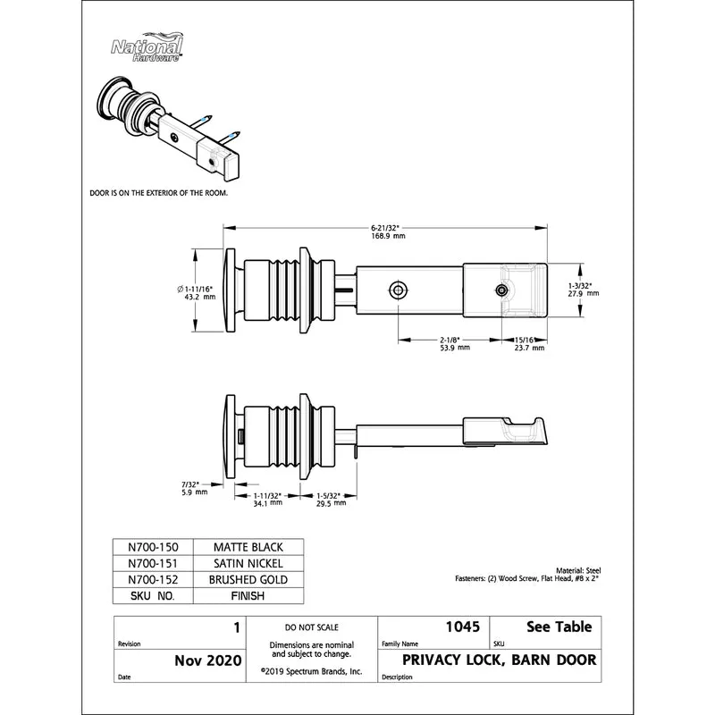 National Hardware Satin Nickel Steel/Zinc Sliding Door Lock