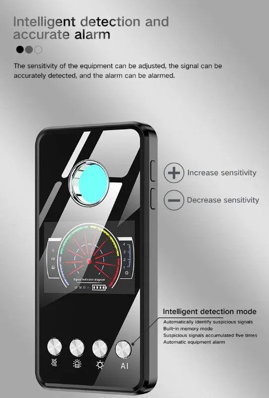 RF Detector, Covert Camera Detector, Audio Recorder Detector, GPS Tracker Detector with Infrared and Magnet Detector probe.