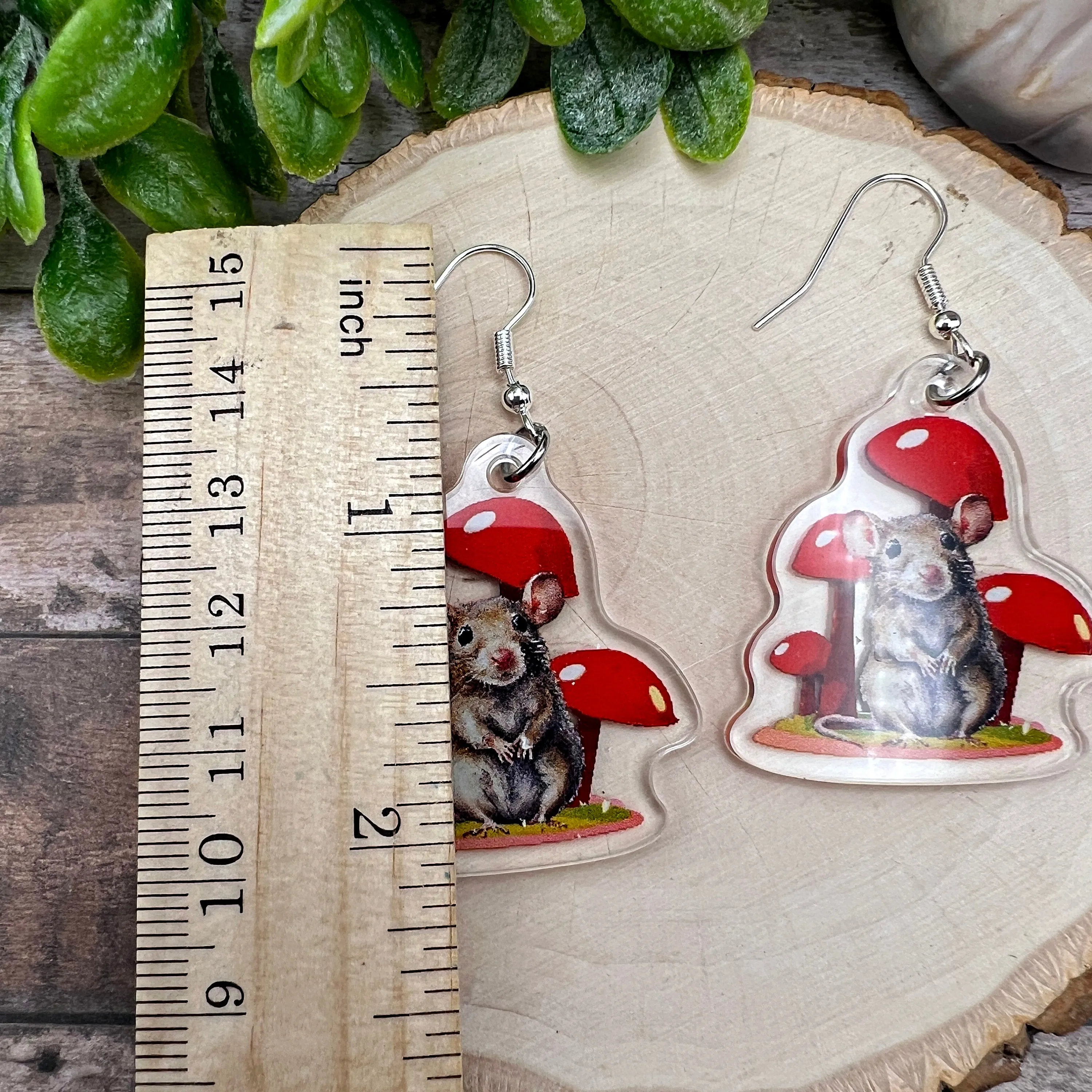 Watercolor Mushroom Mouse  Earrings Whimsical Acrylic Hypoallergenic Silver Hooks Animal  Gift