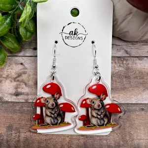 Watercolor Mushroom Mouse  Earrings Whimsical Acrylic Hypoallergenic Silver Hooks Animal  Gift