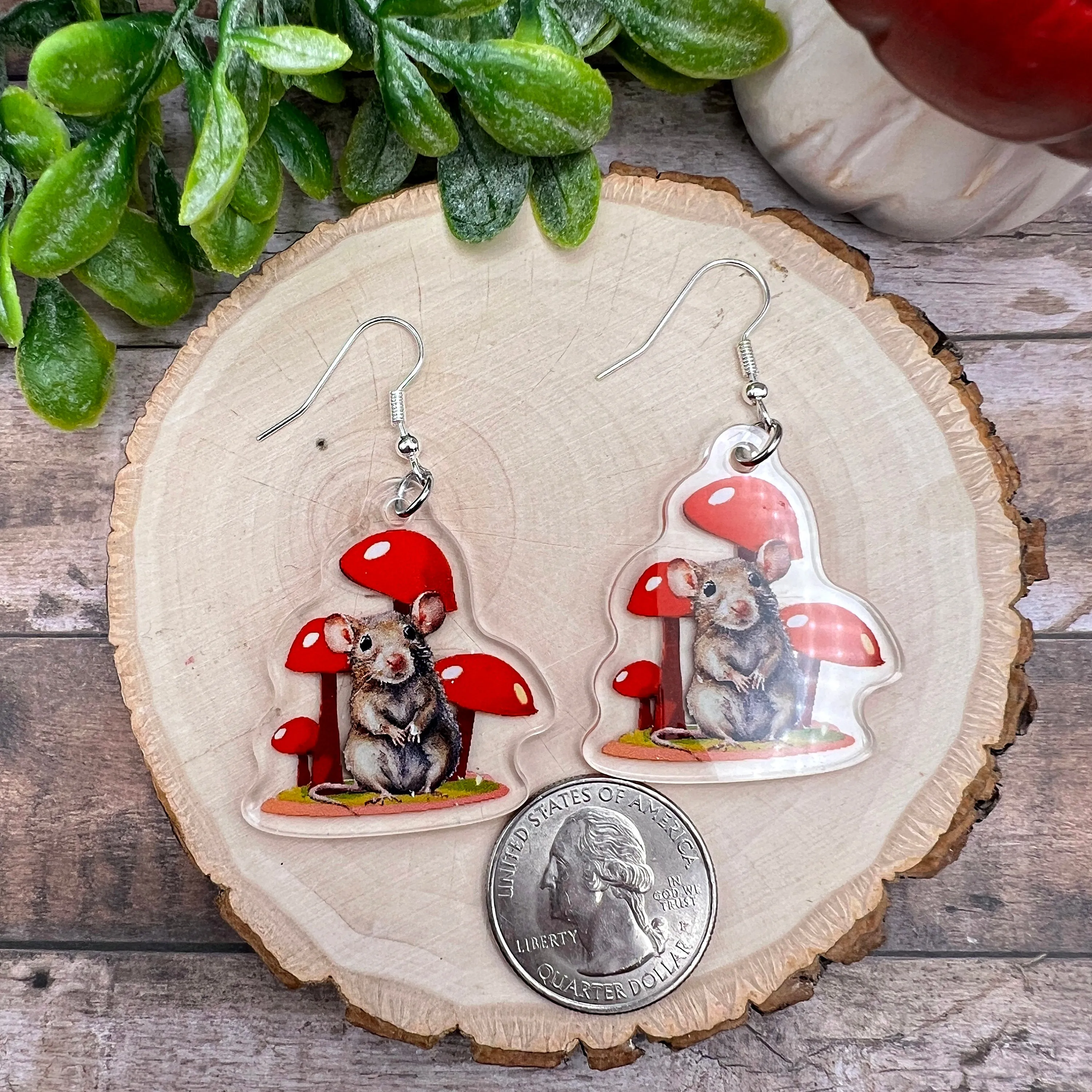 Watercolor Mushroom Mouse  Earrings Whimsical Acrylic Hypoallergenic Silver Hooks Animal  Gift