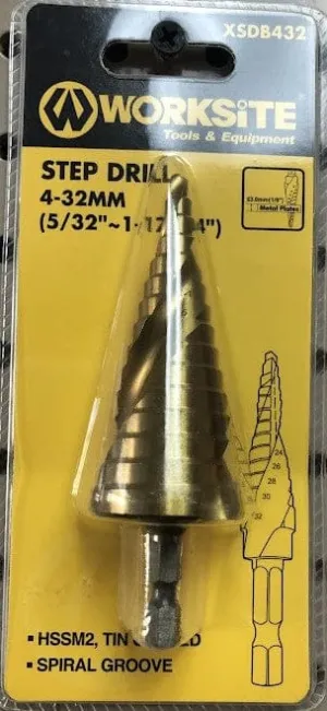 Worksite - Step Drill Bit - Size - 4-32mm, (5/32" - 1-17/64") - High Speed - for versatile drilling in steel, stainless steel, copper, aluminum, and other surfaces - XSDB432